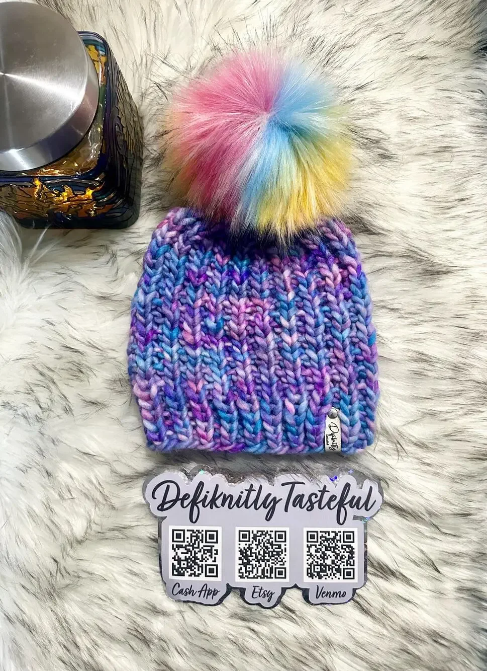 Hand Knit Merino Wool Beanie: DefiKnitly Tasteful Knit Hat with Faux Fur Pom